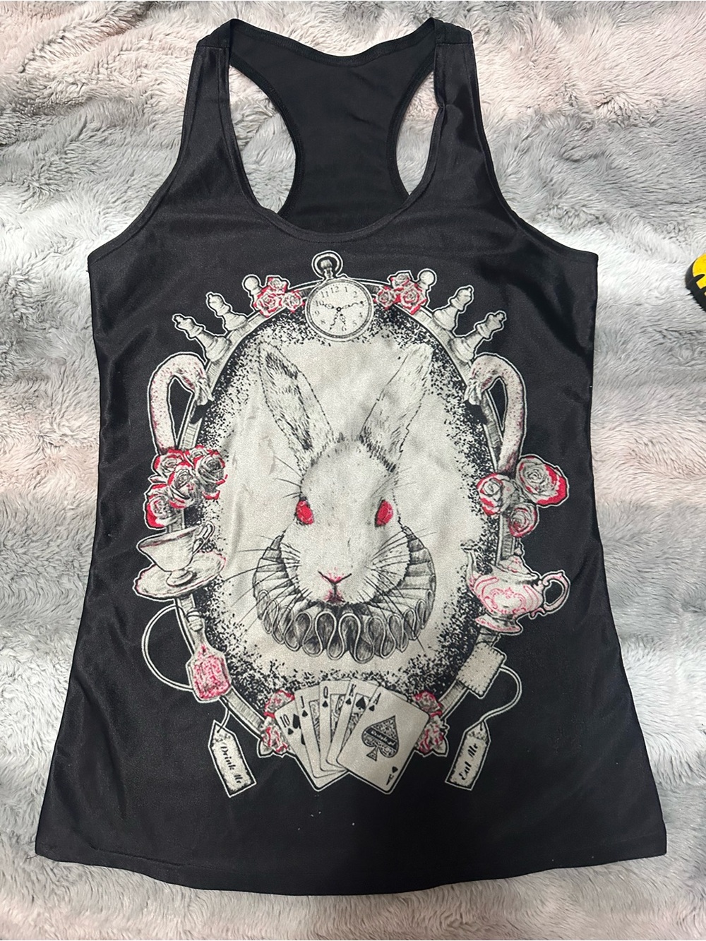 Black Graphic Racerback Tank Top with Alice In Wonderland White Rabbit Print